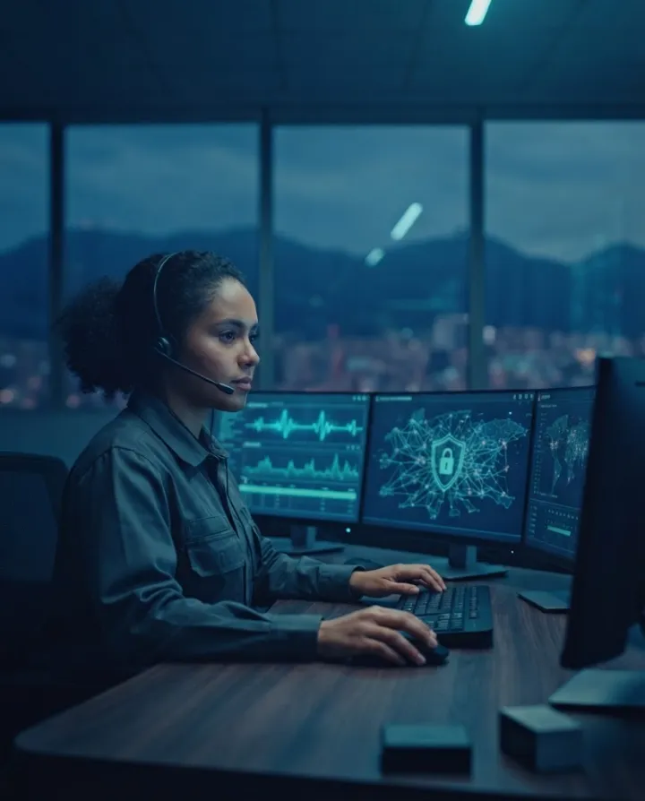 Analista de ciberseguridad de NEXTCOM monitoreando alertas de seguridad