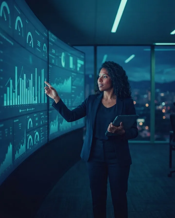 Analista de datos de NEXTCOM revisando tableros de Business Intelligence