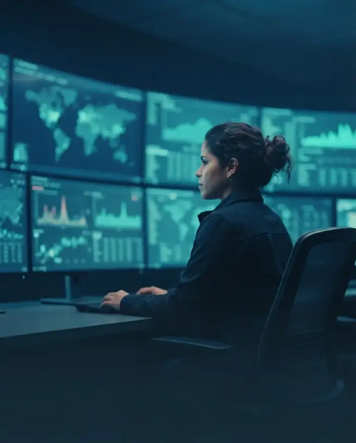 Analista de ciberseguridad monitoreando un centro de operaciones de seguridad (SOC)