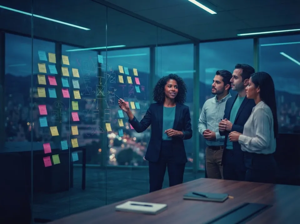 Gerente de proyectos de NEXTCOM liderando una reunión de seguimiento PMO