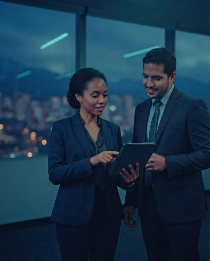 Líderes de NEXTCOM Solutions revisando la estrategia tecnológica