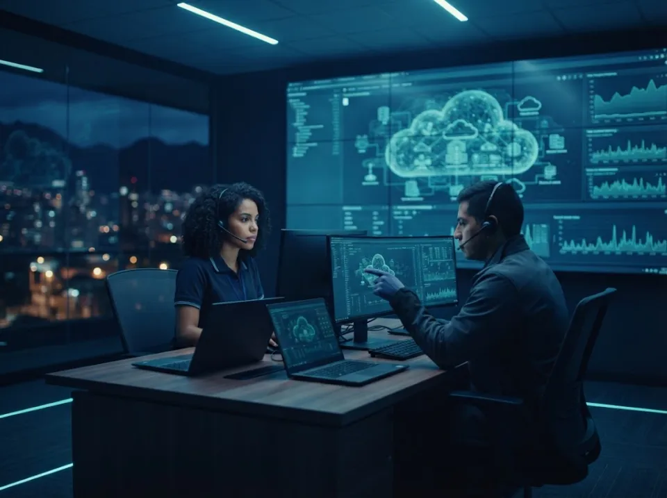 Ingenieros de NEXTCOM monitoreando infraestructura cloud, backup y continuidad