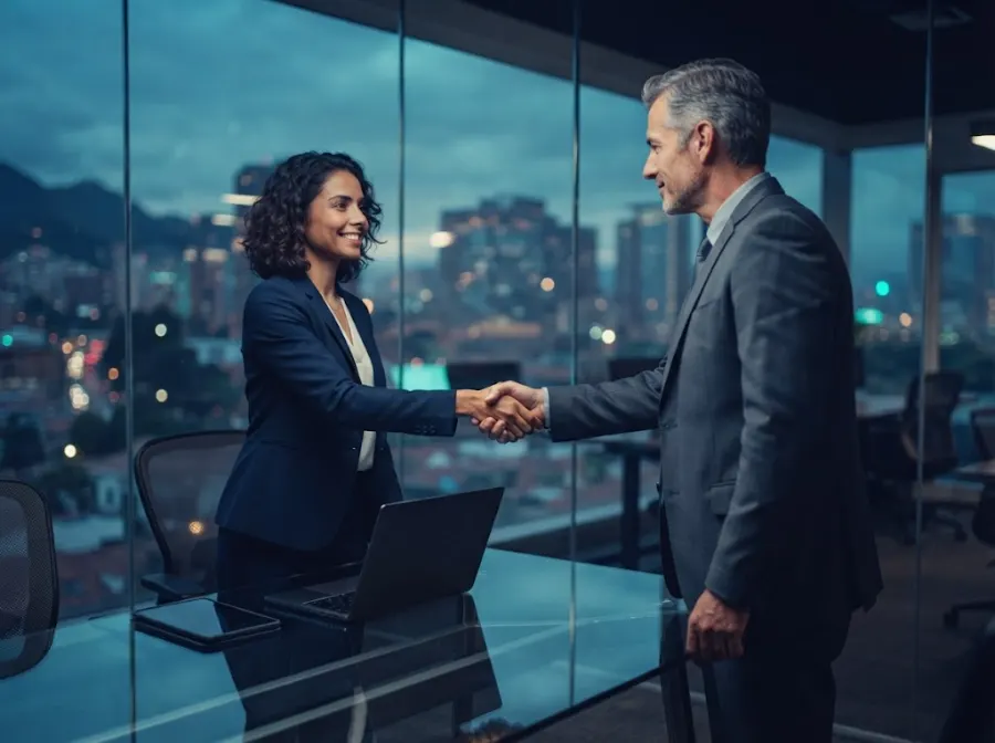 Consultor de NEXTCOM Solutions cerrando un proyecto de transformación tecnológica con un cliente