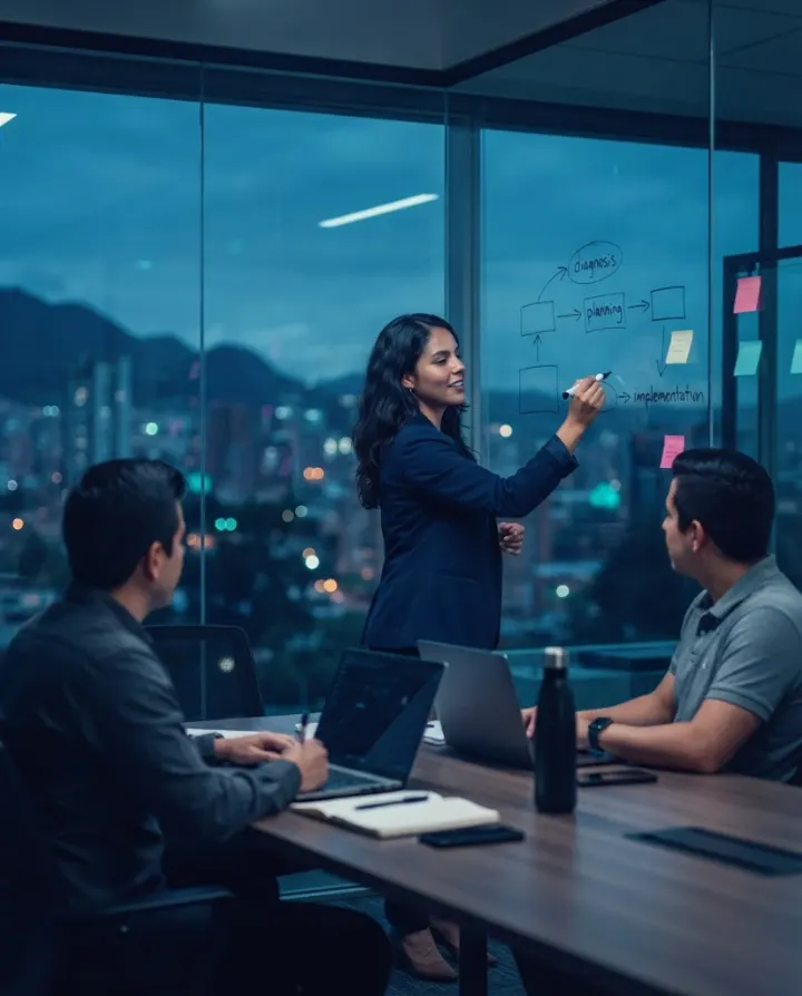 Equipo de consultoría TI de NEXTCOM en un taller de diagnóstico e implementación