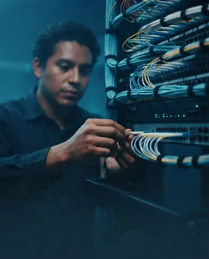 Técnico de redes organizando cableado estructurado y fibra óptica