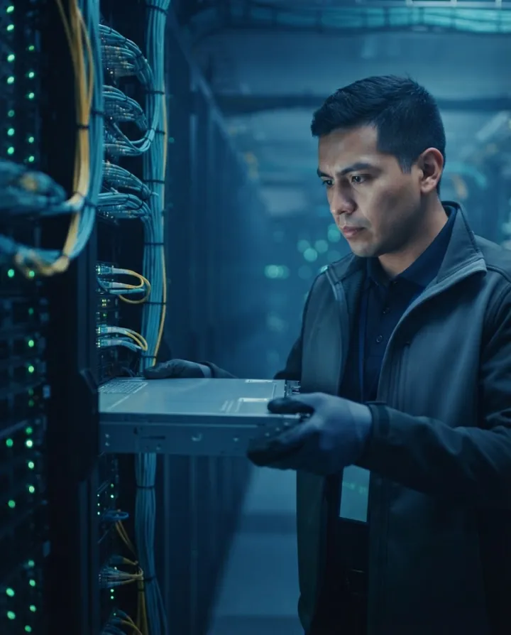 Ingeniero de NEXTCOM instalando servidores para virtualización y almacenamiento
