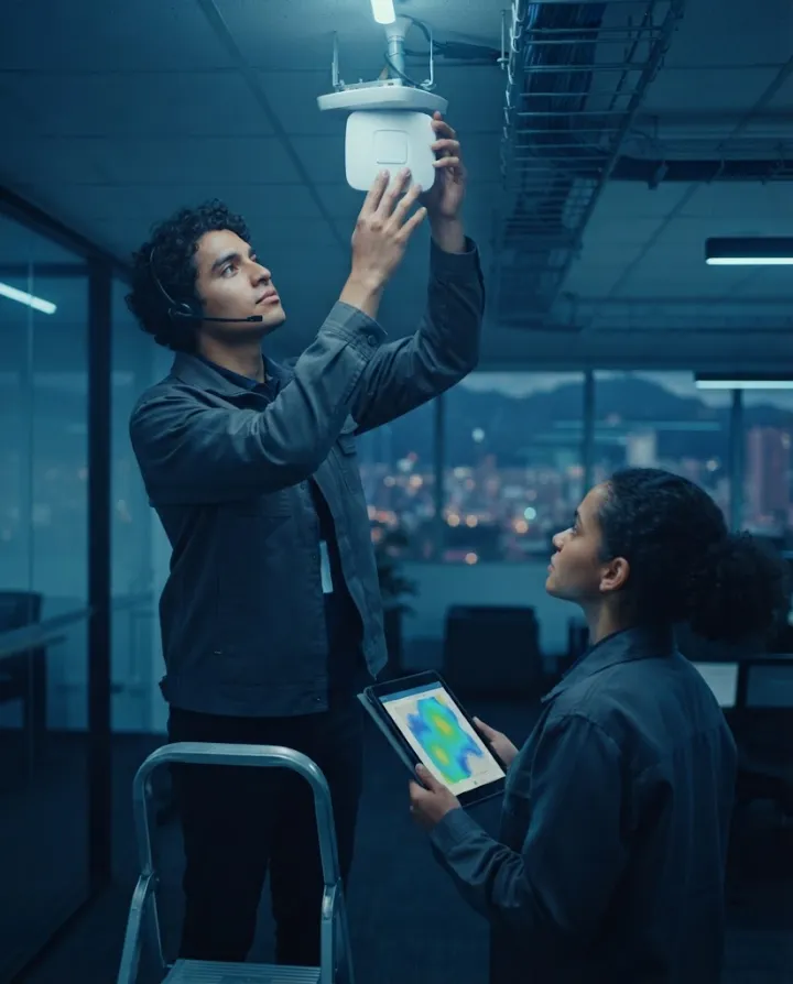 Técnico de NEXTCOM instalando un punto de acceso Wi-Fi empresarial